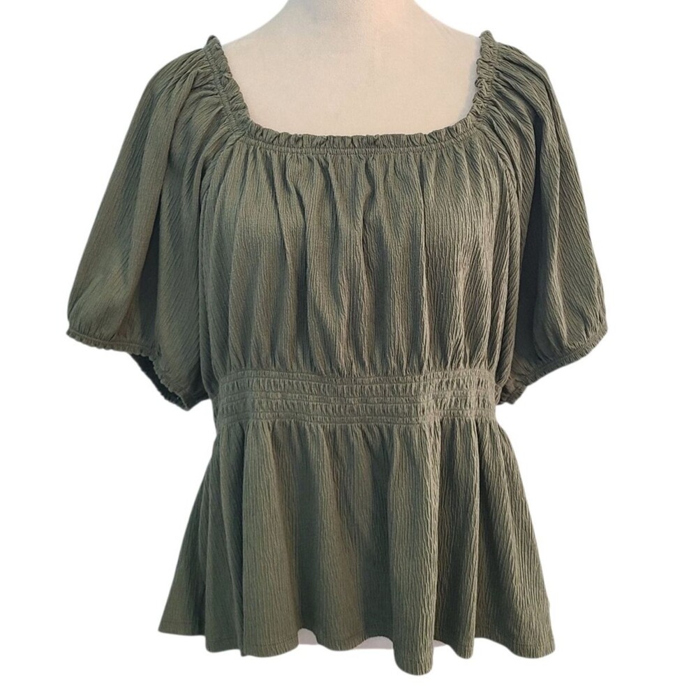 Old Navy Puff Sleeve Smocked Babydoll Blouse Olive Sz XXL Square Neck Milk Maid
